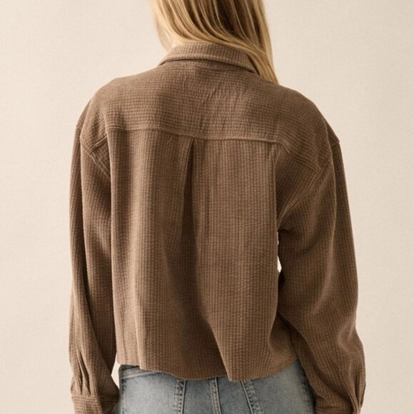 Lonnie Corduroy Raw Edge Hem Shirt | Women's Fall Brown Top | Trendy Fashion - Picture 8 of 9